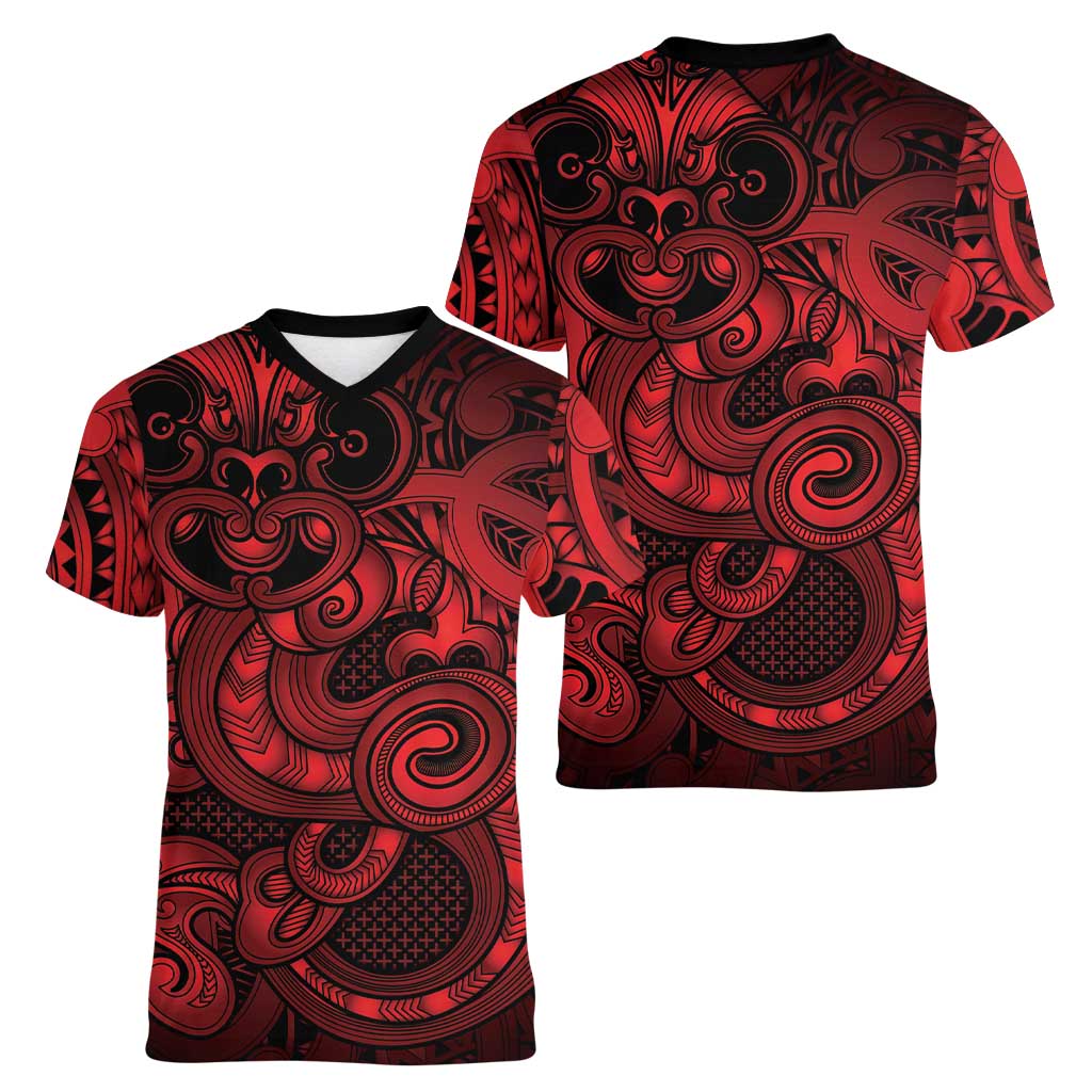 Aotearoa Maori Hei Tiki Women V-Neck T-Shirt Whero Kowhaiwhai Puhoro Motif LT9 - Polynesian Pride