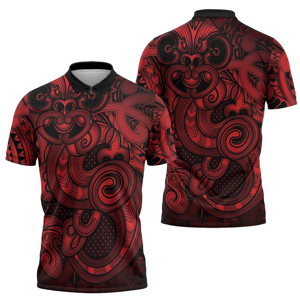 Aotearoa Maori Hei Tiki Zipper Polo Shirt Whero Kowhaiwhai Puhoro Motif LT9 - Polynesian Pride