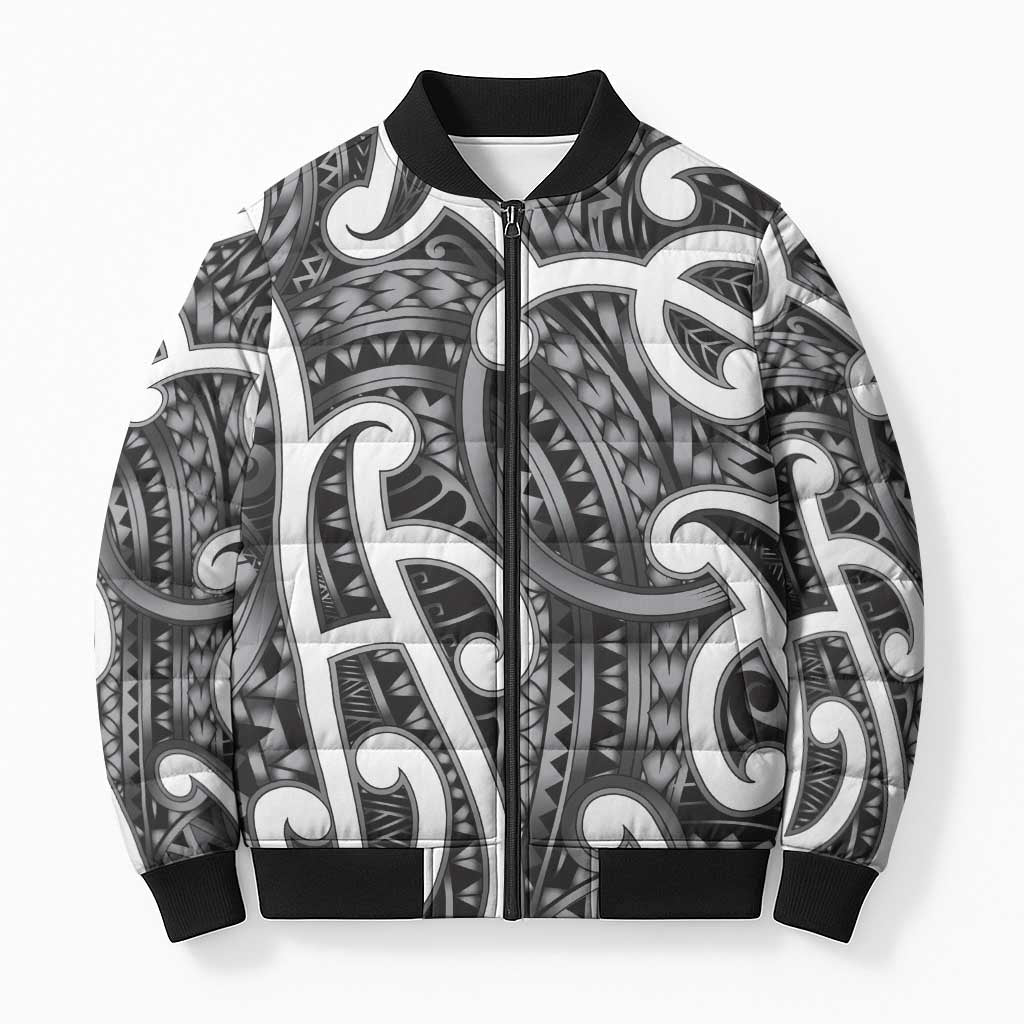 Aotearoa Maori Kowhaiwhai Bomber Puffer Jacket Kiwikiwi Puhoro and Patiki LT9 Unisex Grey - Polynesian Pride