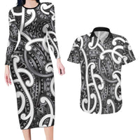 Aotearoa Maori Kowhaiwhai Couples Matching Long Sleeve Bodycon Dress and Hawaiian Shirt Kiwikiwi Puhoro and Patiki LT9 Grey - Polynesian Pride