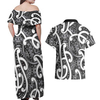 Aotearoa Maori Kowhaiwhai Couples Matching Off Shoulder Maxi Dress and Hawaiian Shirt Kiwikiwi Puhoro and Patiki LT9 - Polynesian Pride