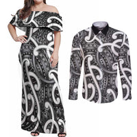 Aotearoa Maori Kowhaiwhai Couples Matching Off Shoulder Maxi Dress and Long Sleeve Button Shirt Kiwikiwi Puhoro and Patiki LT9 Grey - Polynesian Pride