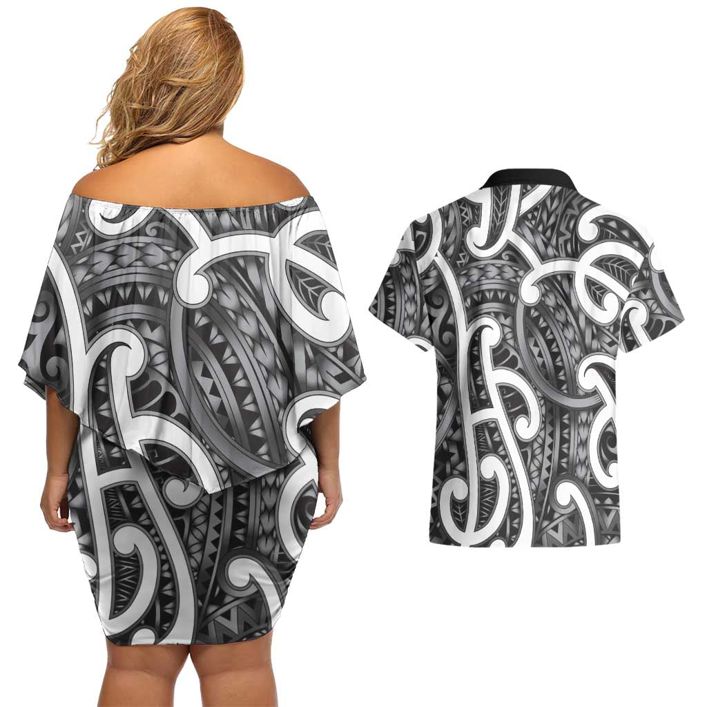 Aotearoa Maori Kowhaiwhai Couples Matching Off Shoulder Short Dress and Hawaiian Shirt Kiwikiwi Puhoro and Patiki LT9 - Polynesian Pride