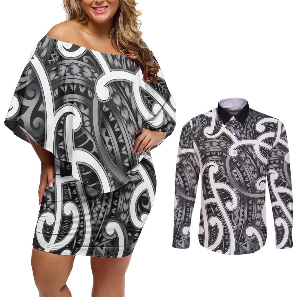 Aotearoa Maori Kowhaiwhai Couples Matching Off Shoulder Short Dress and Long Sleeve Button Shirt Kiwikiwi Puhoro and Patiki LT9 Grey - Polynesian Pride