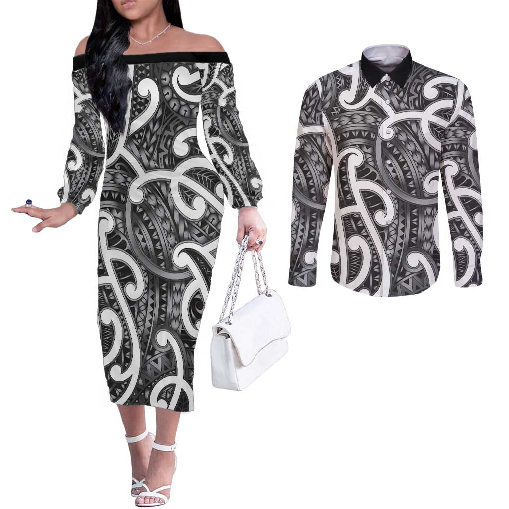 Aotearoa Maori Kowhaiwhai Couples Matching Off The Shoulder Long Sleeve Dress and Long Sleeve Button Shirt Kiwikiwi Puhoro and Patiki LT9 Grey - Polynesian Pride