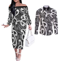 Aotearoa Maori Kowhaiwhai Couples Matching Off The Shoulder Long Sleeve Dress and Long Sleeve Button Shirt Kiwikiwi Puhoro and Patiki LT9 Grey - Polynesian Pride
