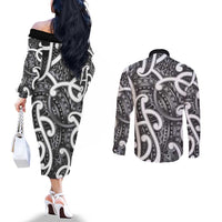 Aotearoa Maori Kowhaiwhai Couples Matching Off The Shoulder Long Sleeve Dress and Long Sleeve Button Shirt Kiwikiwi Puhoro and Patiki LT9 - Polynesian Pride