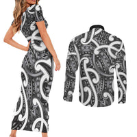 Aotearoa Maori Kowhaiwhai Couples Matching Short Sleeve Bodycon Dress and Long Sleeve Button Shirt Kiwikiwi Puhoro and Patiki LT9 - Polynesian Pride