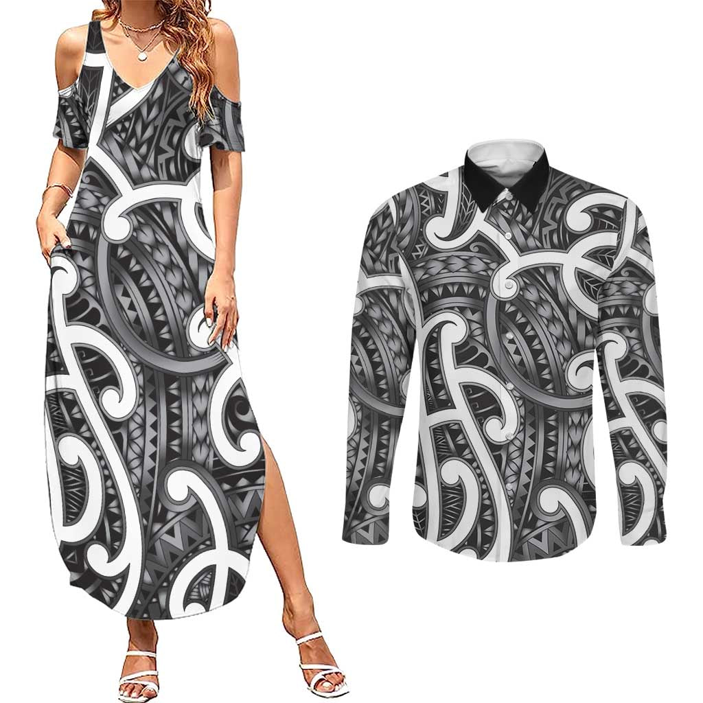 Aotearoa Maori Kowhaiwhai Couples Matching Summer Maxi Dress and Long Sleeve Button Shirt Kiwikiwi Puhoro and Patiki LT9 Grey - Polynesian Pride