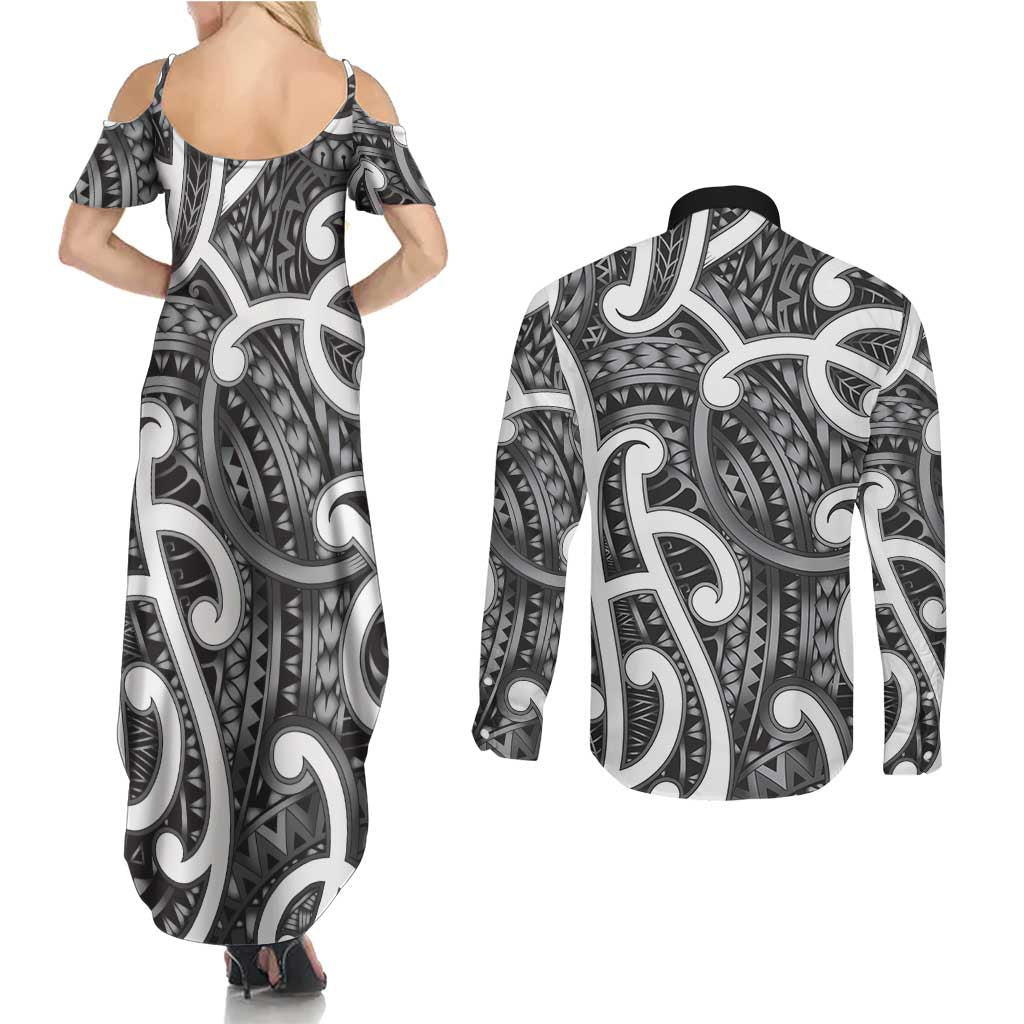 Aotearoa Maori Kowhaiwhai Couples Matching Summer Maxi Dress and Long Sleeve Button Shirt Kiwikiwi Puhoro and Patiki LT9 - Polynesian Pride