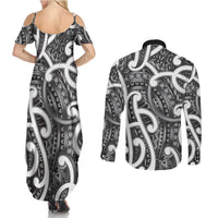 Aotearoa Maori Kowhaiwhai Couples Matching Summer Maxi Dress and Long Sleeve Button Shirt Kiwikiwi Puhoro and Patiki LT9 - Polynesian Pride