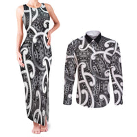 Aotearoa Maori Kowhaiwhai Couples Matching Tank Maxi Dress and Long Sleeve Button Shirt Kiwikiwi Puhoro and Patiki LT9 Grey - Polynesian Pride
