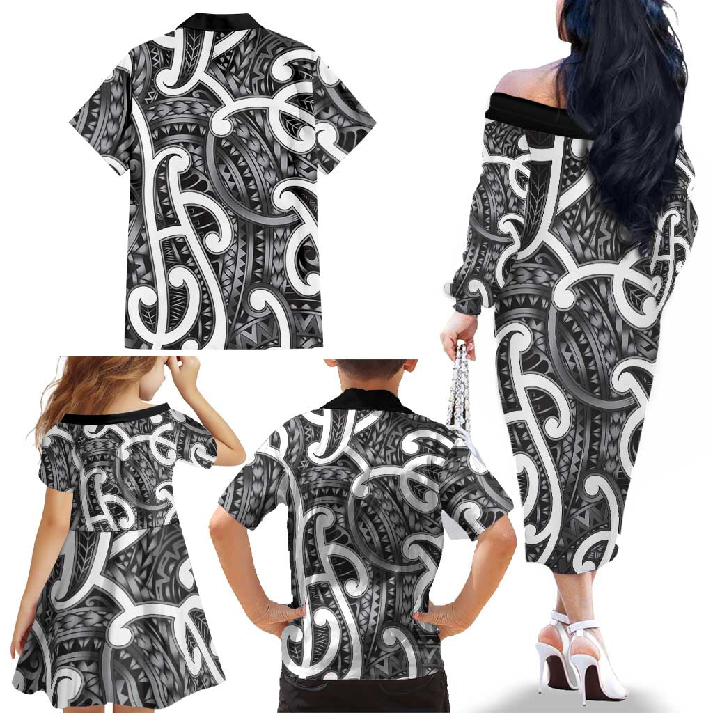 Aotearoa Maori Kowhaiwhai Family Matching Off The Shoulder Long Sleeve Dress and Hawaiian Shirt Kiwikiwi Puhoro and Patiki LT9 - Polynesian Pride