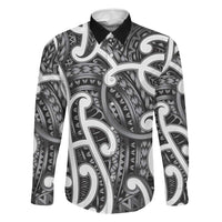Aotearoa Maori Kowhaiwhai Family Matching Off The Shoulder Long Sleeve Dress and Hawaiian Shirt Kiwikiwi Puhoro and Patiki LT9 Dad's Shirt - Long Sleeve Grey - Polynesian Pride