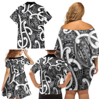 Aotearoa Maori Kowhaiwhai Family Matching Off Shoulder Short Dress and Hawaiian Shirt Kiwikiwi Puhoro and Patiki LT9 - Polynesian Pride