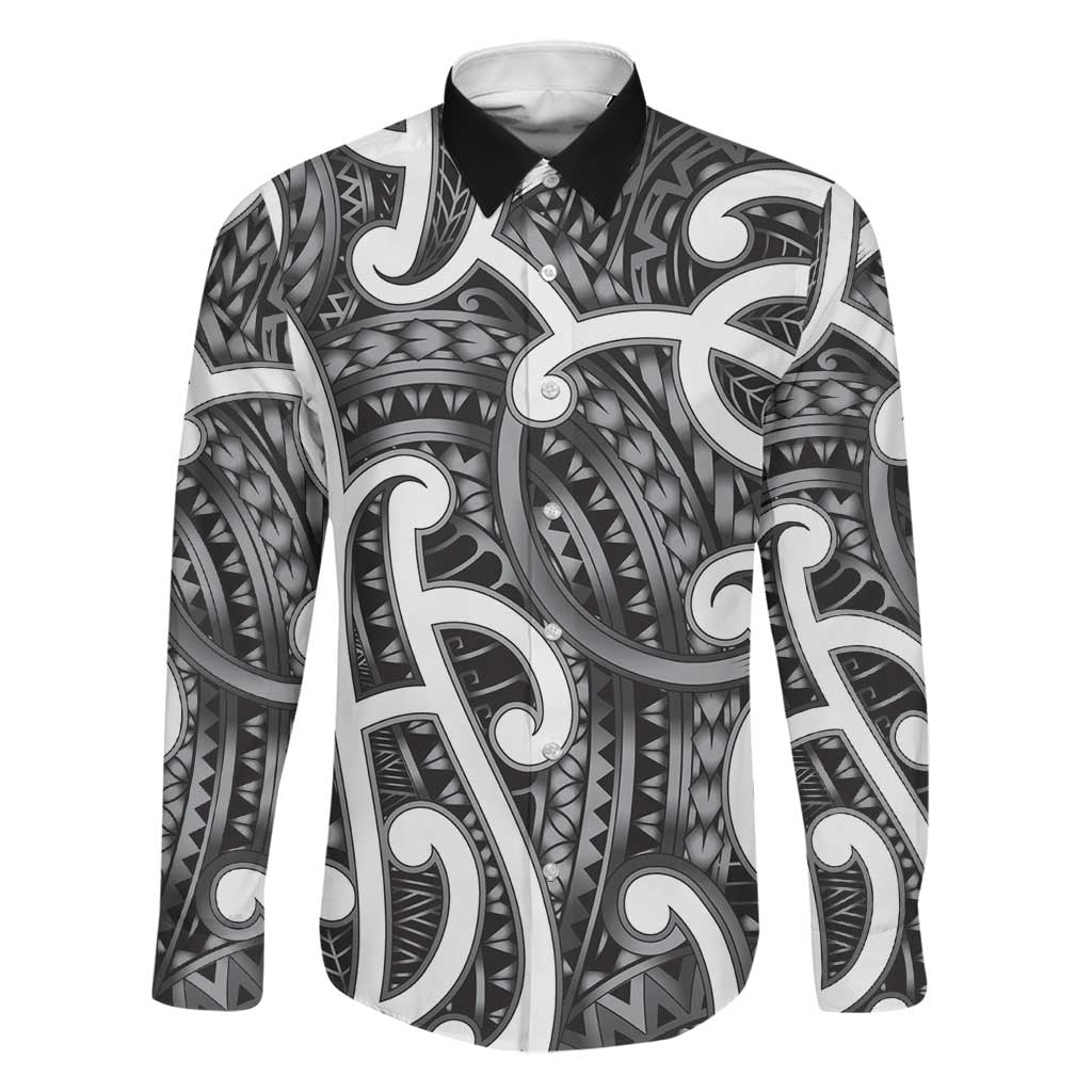Aotearoa Maori Kowhaiwhai Family Matching Off Shoulder Short Dress and Hawaiian Shirt Kiwikiwi Puhoro and Patiki LT9 Dad's Shirt - Long Sleeve Grey - Polynesian Pride