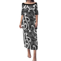 Aotearoa Maori Kowhaiwhai Family Matching Puletasi and Hawaiian Shirt Kiwikiwi Puhoro and Patiki LT9 Mom's Dress Grey - Polynesian Pride