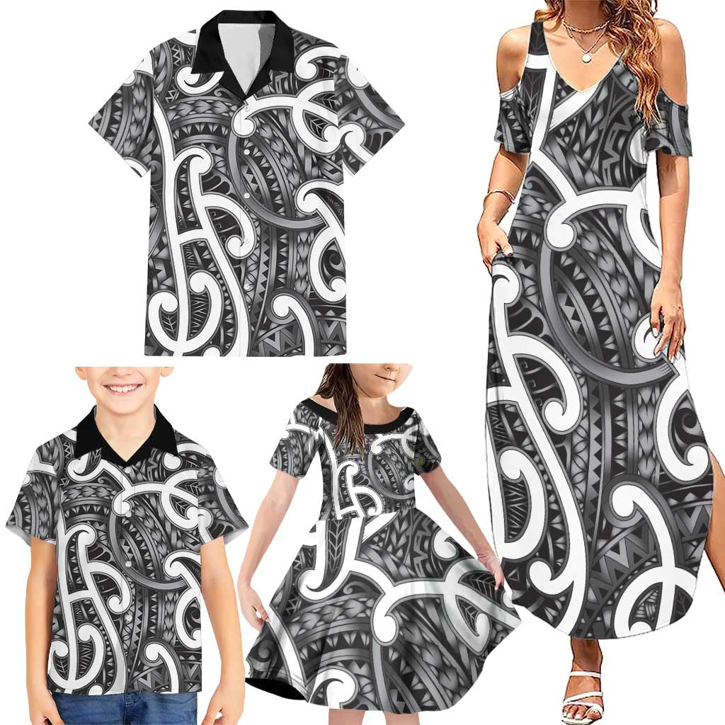Aotearoa Maori Kowhaiwhai Family Matching Summer Maxi Dress and Hawaiian Shirt Kiwikiwi Puhoro and Patiki