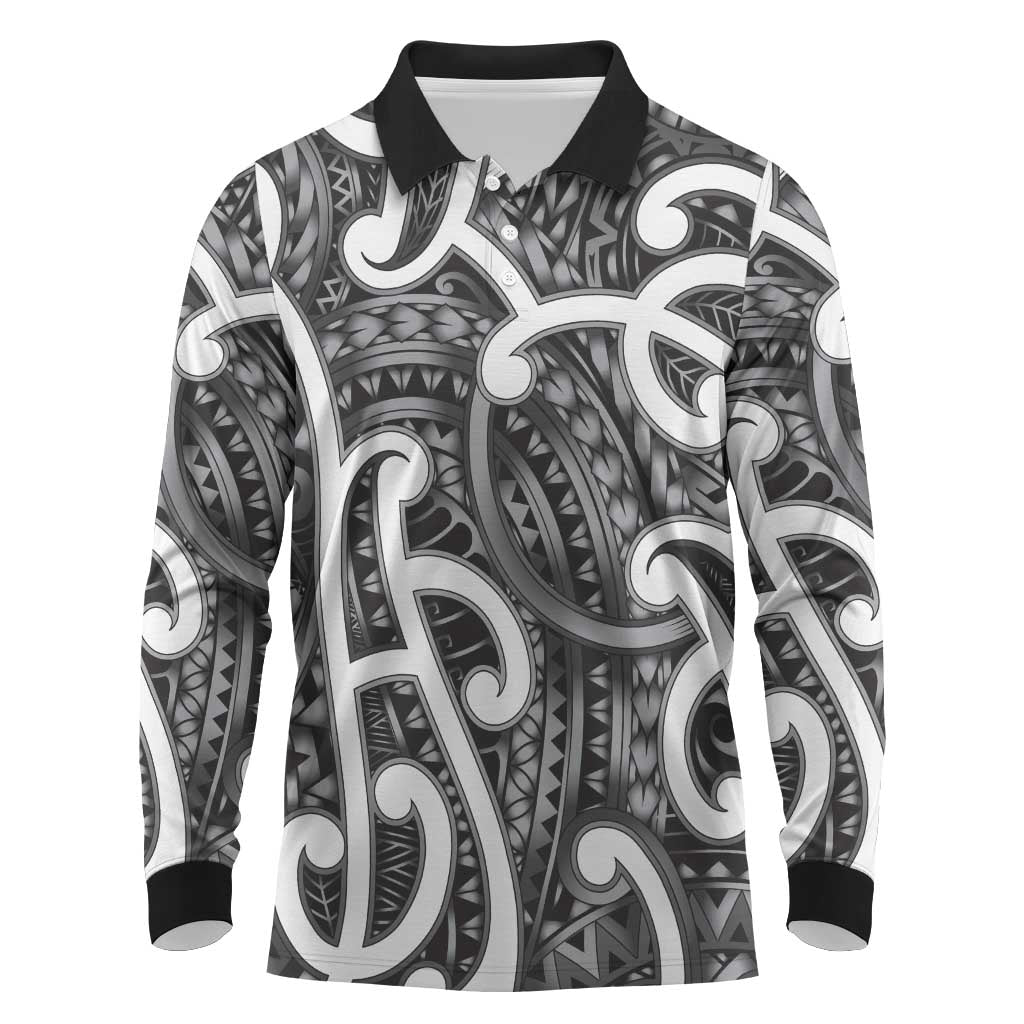 Aotearoa Maori Kowhaiwhai Long Sleeve Polo Shirt Kiwikiwi Puhoro and Patiki LT9 Grey - Polynesian Pride