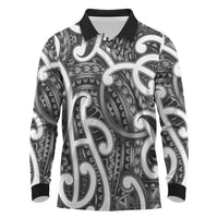 Aotearoa Maori Kowhaiwhai Long Sleeve Polo Shirt Kiwikiwi Puhoro and Patiki LT9 Grey - Polynesian Pride
