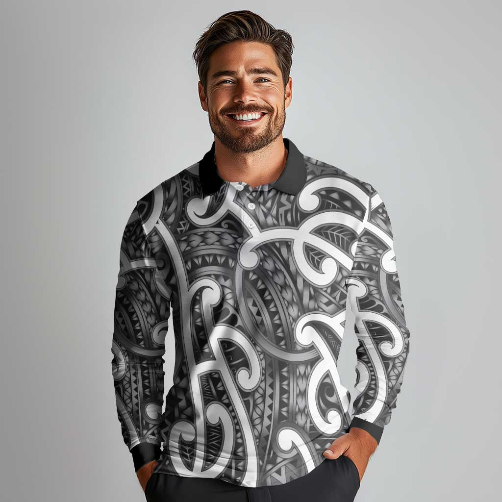 Aotearoa Maori Kowhaiwhai Long Sleeve Polo Shirt Kiwikiwi Puhoro and Patiki LT9 - Polynesian Pride