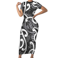 Aotearoa Maori Kowhaiwhai Short Sleeve Bodycon Dress Kiwikiwi Puhoro and Patiki LT9 Long Dress Grey - Polynesian Pride