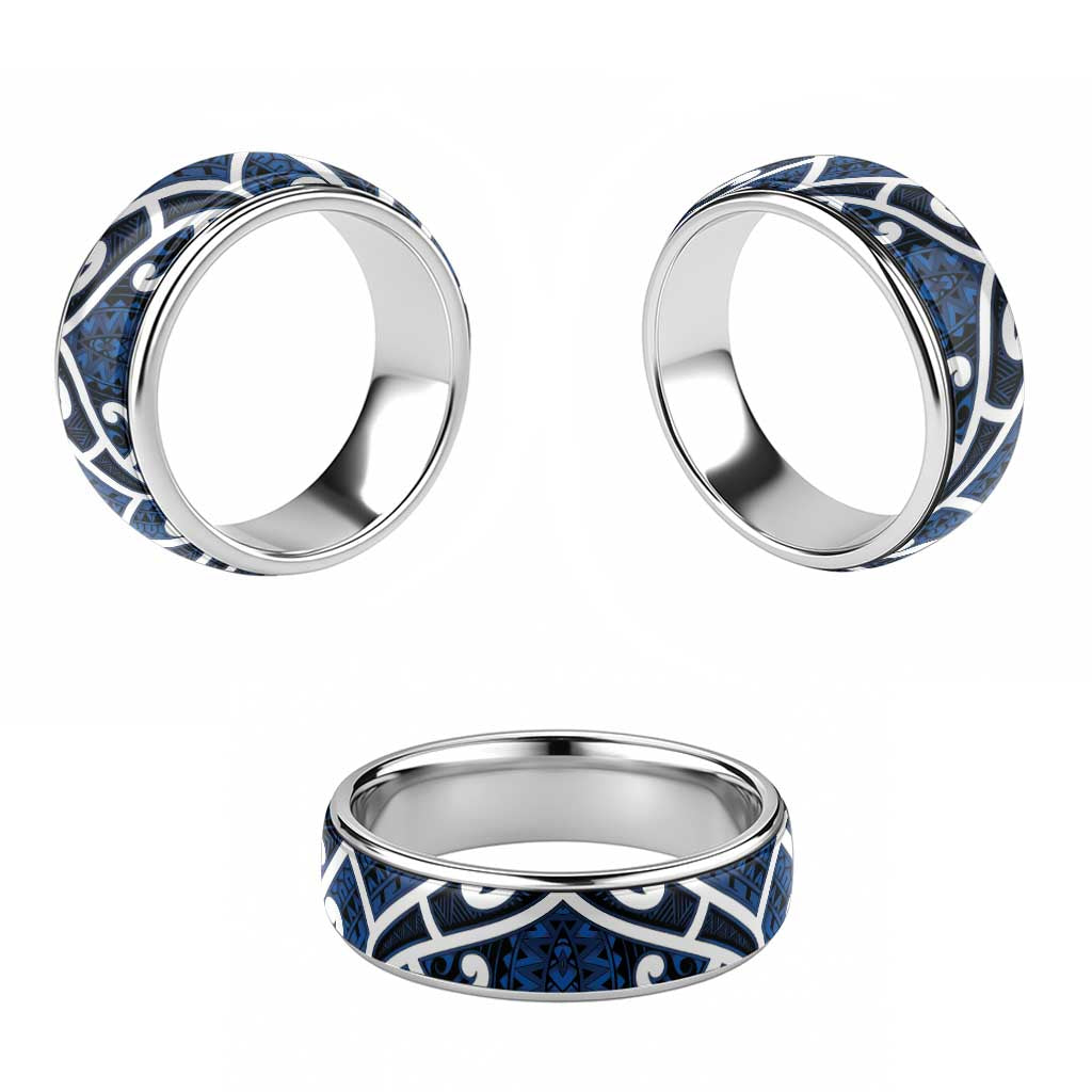 Aotearoa Maori Kowhaiwhai Classic Ring Kikorangi Puhoro and Patiki