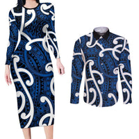 Aotearoa Maori Kowhaiwhai Couples Matching Long Sleeve Bodycon Dress and Long Sleeve Button Shirt Kikorangi Puhoro and Patiki LT9 Blue - Polynesian Pride