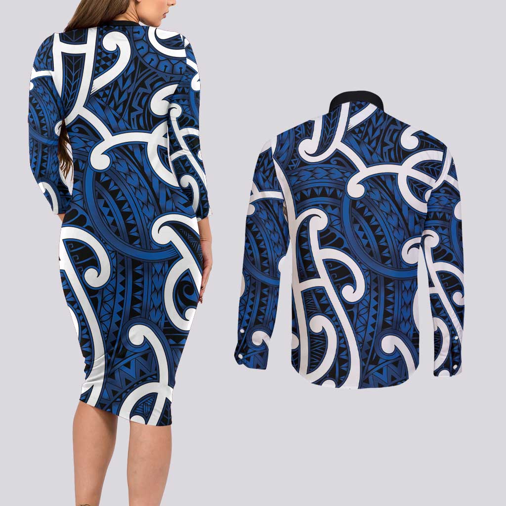 Aotearoa Maori Kowhaiwhai Couples Matching Long Sleeve Bodycon Dress and Long Sleeve Button Shirt Kikorangi Puhoro and Patiki LT9 - Polynesian Pride