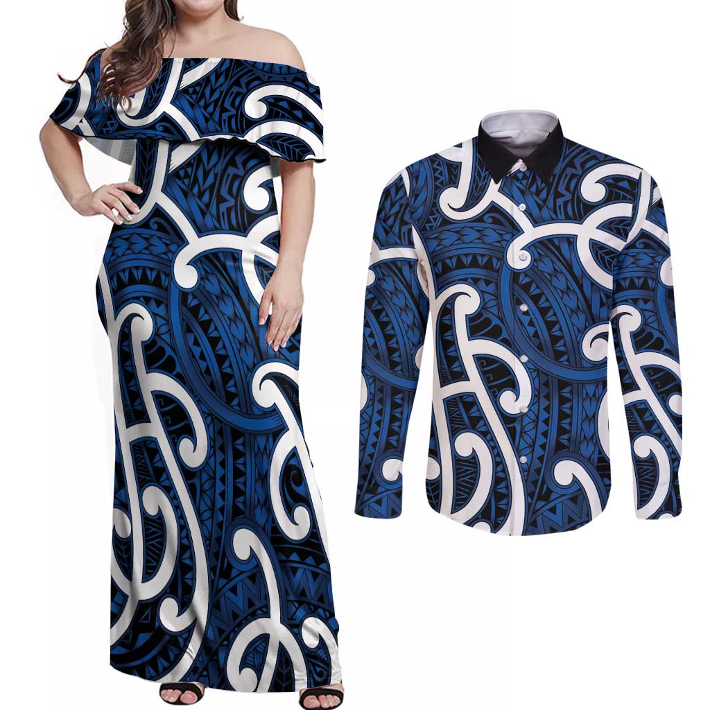 Aotearoa Maori Kowhaiwhai Couples Matching Off Shoulder Maxi Dress and Long Sleeve Button Shirt Kikorangi Puhoro and Patiki LT9 Blue - Polynesian Pride