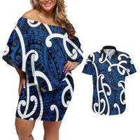 Aotearoa Maori Kowhaiwhai Couples Matching Off Shoulder Short Dress and Hawaiian Shirt Kikorangi Puhoro and Patiki LT9 Blue - Polynesian Pride