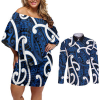 Aotearoa Maori Kowhaiwhai Couples Matching Off Shoulder Short Dress and Long Sleeve Button Shirt Kikorangi Puhoro and Patiki LT9 Blue - Polynesian Pride