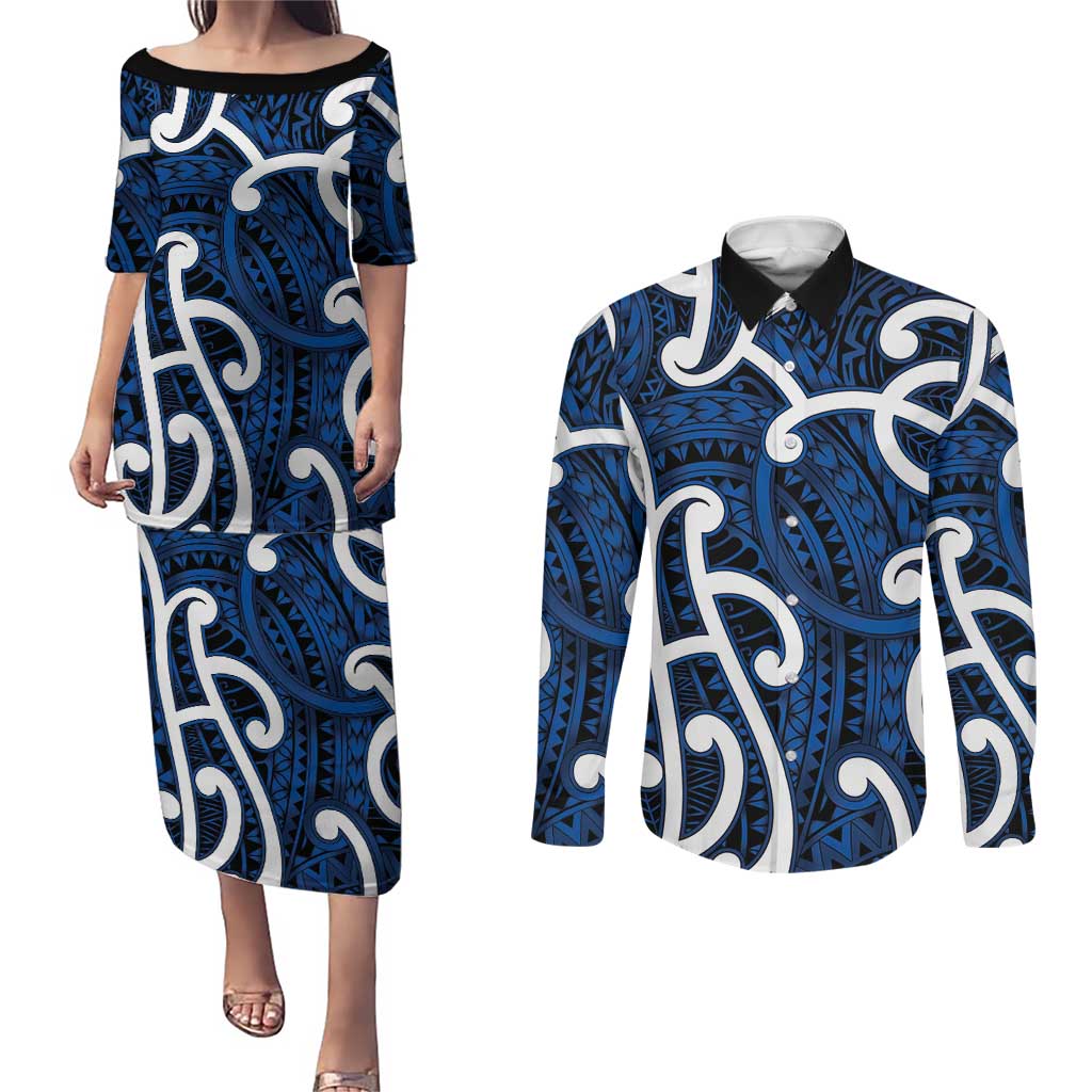 Aotearoa Maori Kowhaiwhai Couples Matching Puletasi and Long Sleeve Button Shirt Kikorangi Puhoro and Patiki LT9 Blue - Polynesian Pride