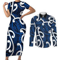 Aotearoa Maori Kowhaiwhai Couples Matching Short Sleeve Bodycon Dress and Long Sleeve Button Shirt Kikorangi Puhoro and Patiki LT9 Blue - Polynesian Pride