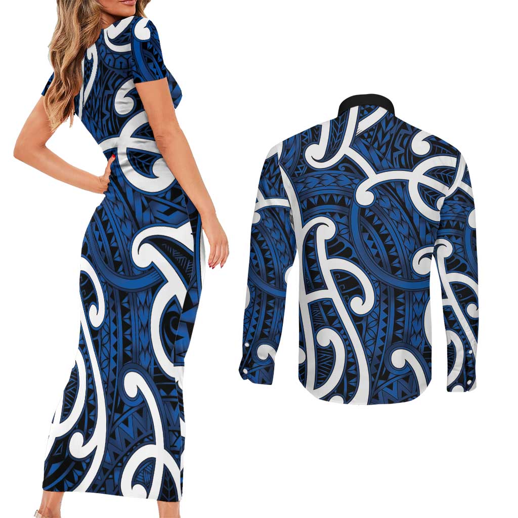 Aotearoa Maori Kowhaiwhai Couples Matching Short Sleeve Bodycon Dress and Long Sleeve Button Shirt Kikorangi Puhoro and Patiki LT9 - Polynesian Pride