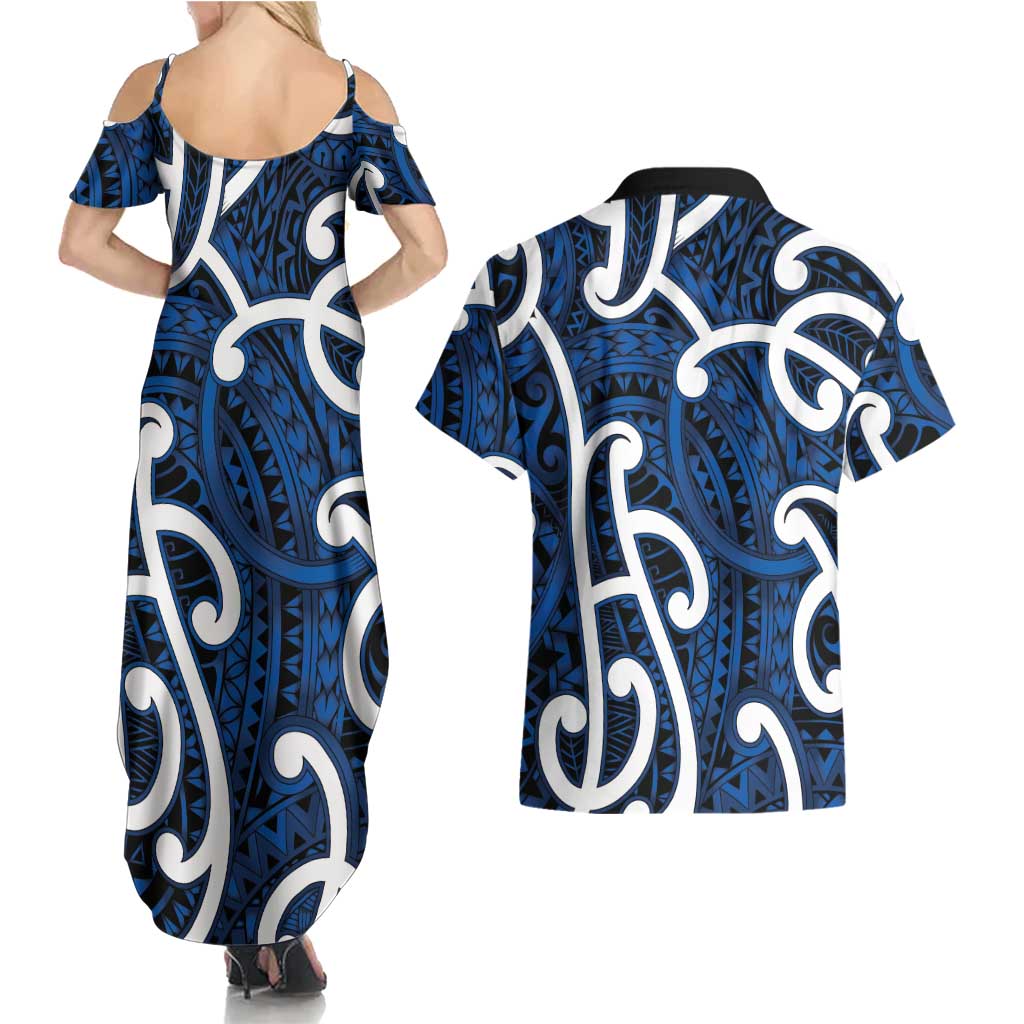 Aotearoa Maori Kowhaiwhai Couples Matching Summer Maxi Dress and Hawaiian Shirt Kikorangi Puhoro and Patiki LT9 - Polynesian Pride