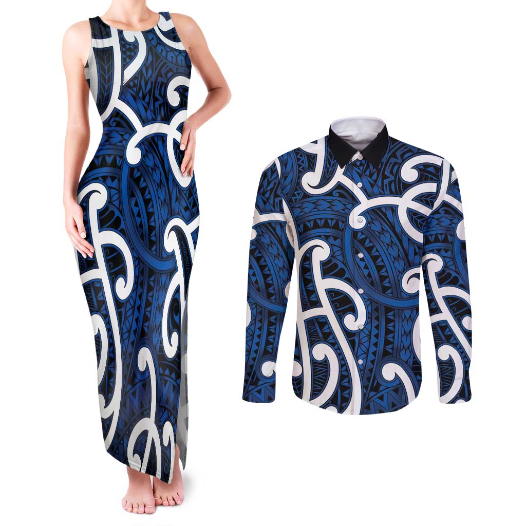 Aotearoa Maori Kowhaiwhai Couples Matching Tank Maxi Dress and Long Sleeve Button Shirt Kikorangi Puhoro and Patiki