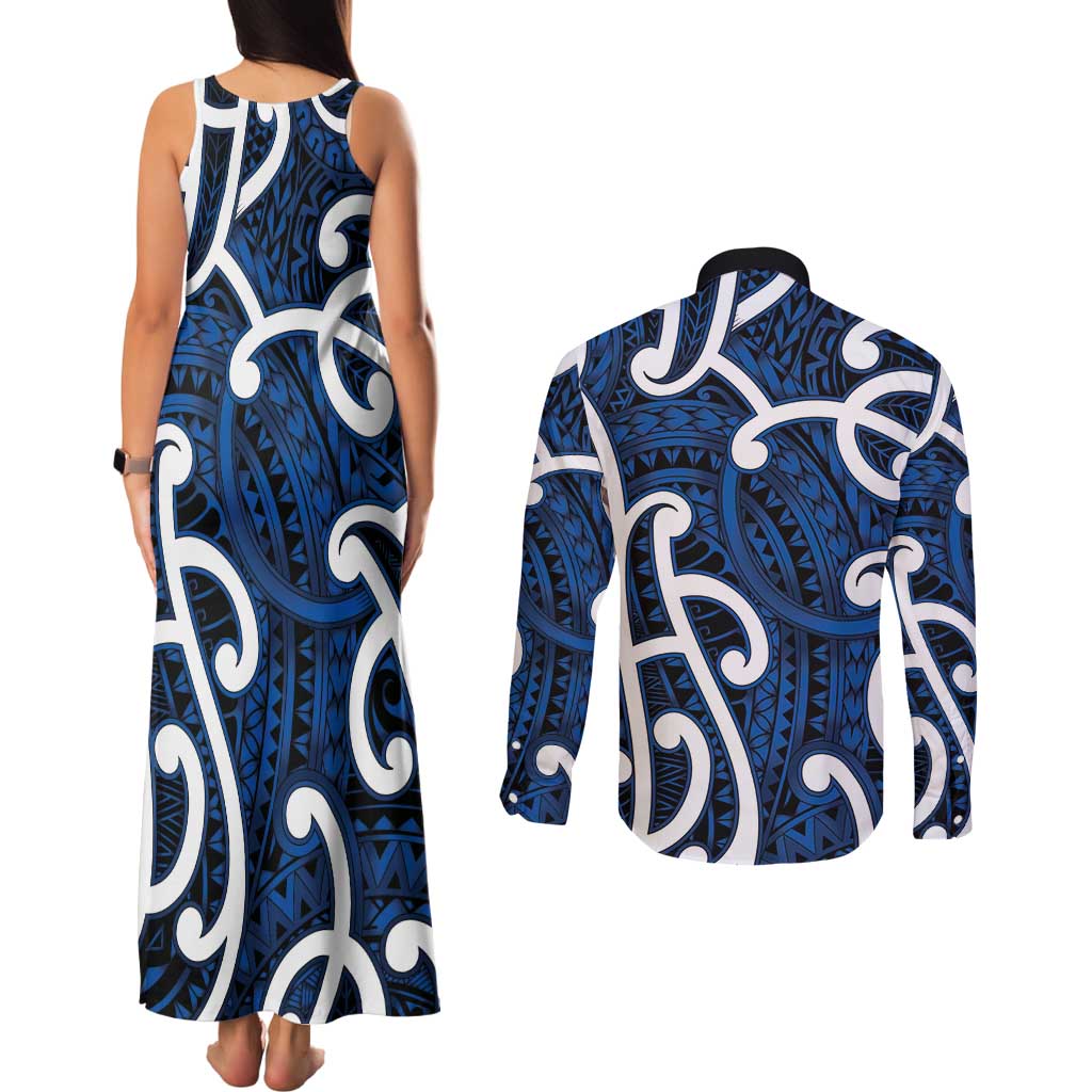 Aotearoa Maori Kowhaiwhai Couples Matching Tank Maxi Dress and Long Sleeve Button Shirt Kikorangi Puhoro and Patiki LT9 - Polynesian Pride