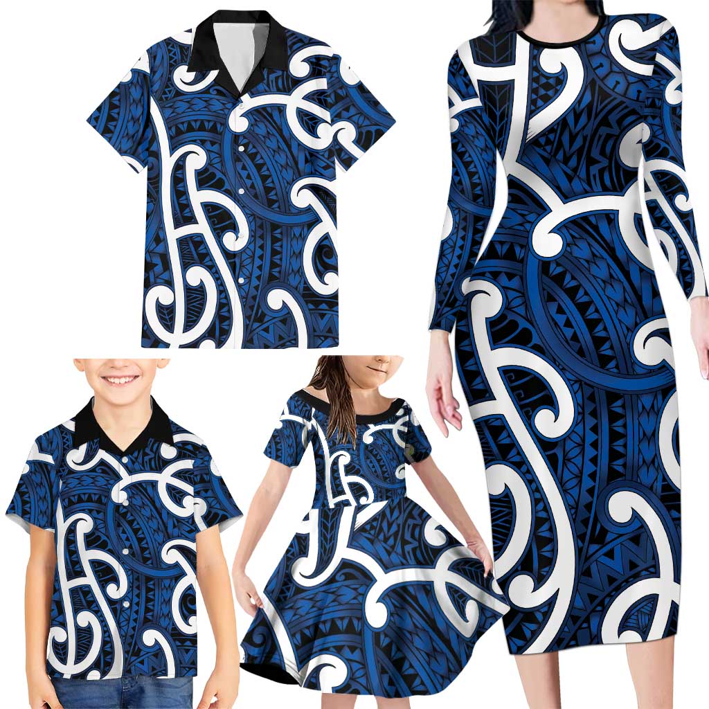 Aotearoa Maori Kowhaiwhai Family Matching Long Sleeve Bodycon Dress and Hawaiian Shirt Kikorangi Puhoro and Patiki LT9 - Polynesian Pride