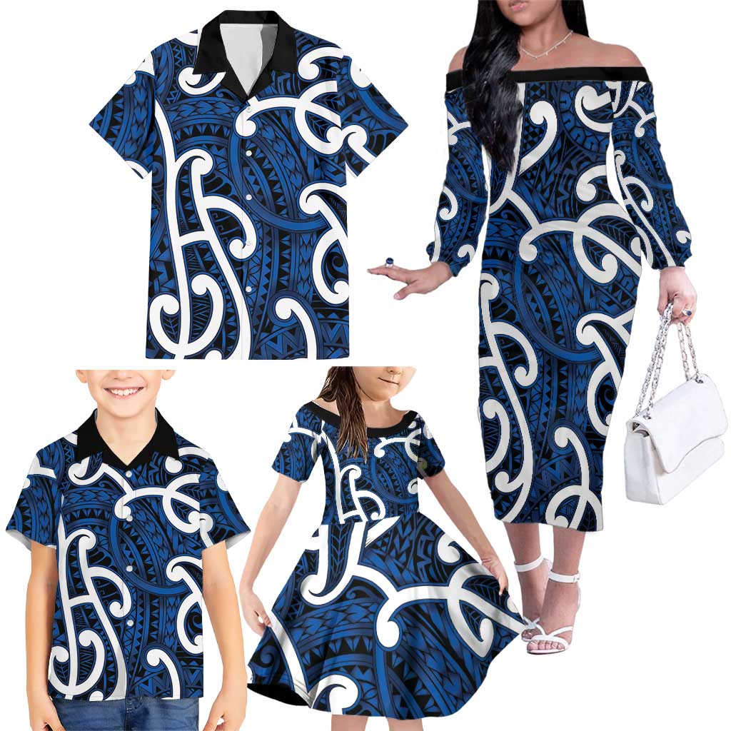Aotearoa Maori Kowhaiwhai Family Matching Off The Shoulder Long Sleeve Dress and Hawaiian Shirt Kikorangi Puhoro and Patiki LT9 - Polynesian Pride