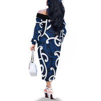Aotearoa Maori Kowhaiwhai Family Matching Off The Shoulder Long Sleeve Dress and Hawaiian Shirt Kikorangi Puhoro and Patiki LT9 - Polynesian Pride