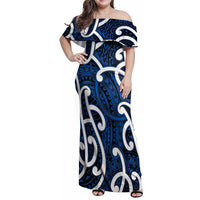 Aotearoa Maori Kowhaiwhai Family Matching Off Shoulder Maxi Dress and Hawaiian Shirt Kikorangi Puhoro and Patiki LT9 Mom's Dress Blue - Polynesian Pride