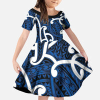 Aotearoa Maori Kowhaiwhai Family Matching Short Sleeve Bodycon Dress and Hawaiian Shirt Kikorangi Puhoro and Patiki LT9 Daughter's Dress Blue - Polynesian Pride
