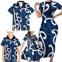 Aotearoa Maori Kowhaiwhai Family Matching Short Sleeve Bodycon Dress and Hawaiian Shirt Kikorangi Puhoro and Patiki LT9 - Polynesian Pride