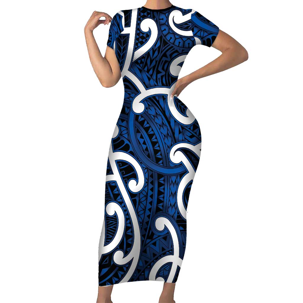 Aotearoa Maori Kowhaiwhai Family Matching Short Sleeve Bodycon Dress and Hawaiian Shirt Kikorangi Puhoro and Patiki LT9 Mom's Dress Blue - Polynesian Pride