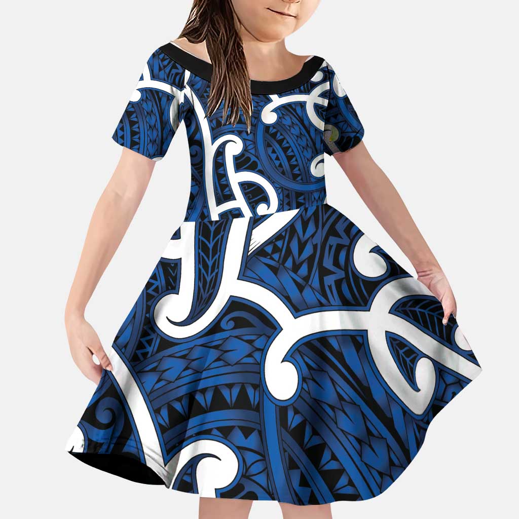 Aotearoa Maori Kowhaiwhai Family Matching Tank Maxi Dress and Hawaiian Shirt Kikorangi Puhoro and Patiki LT9 Daughter's Dress Blue - Polynesian Pride