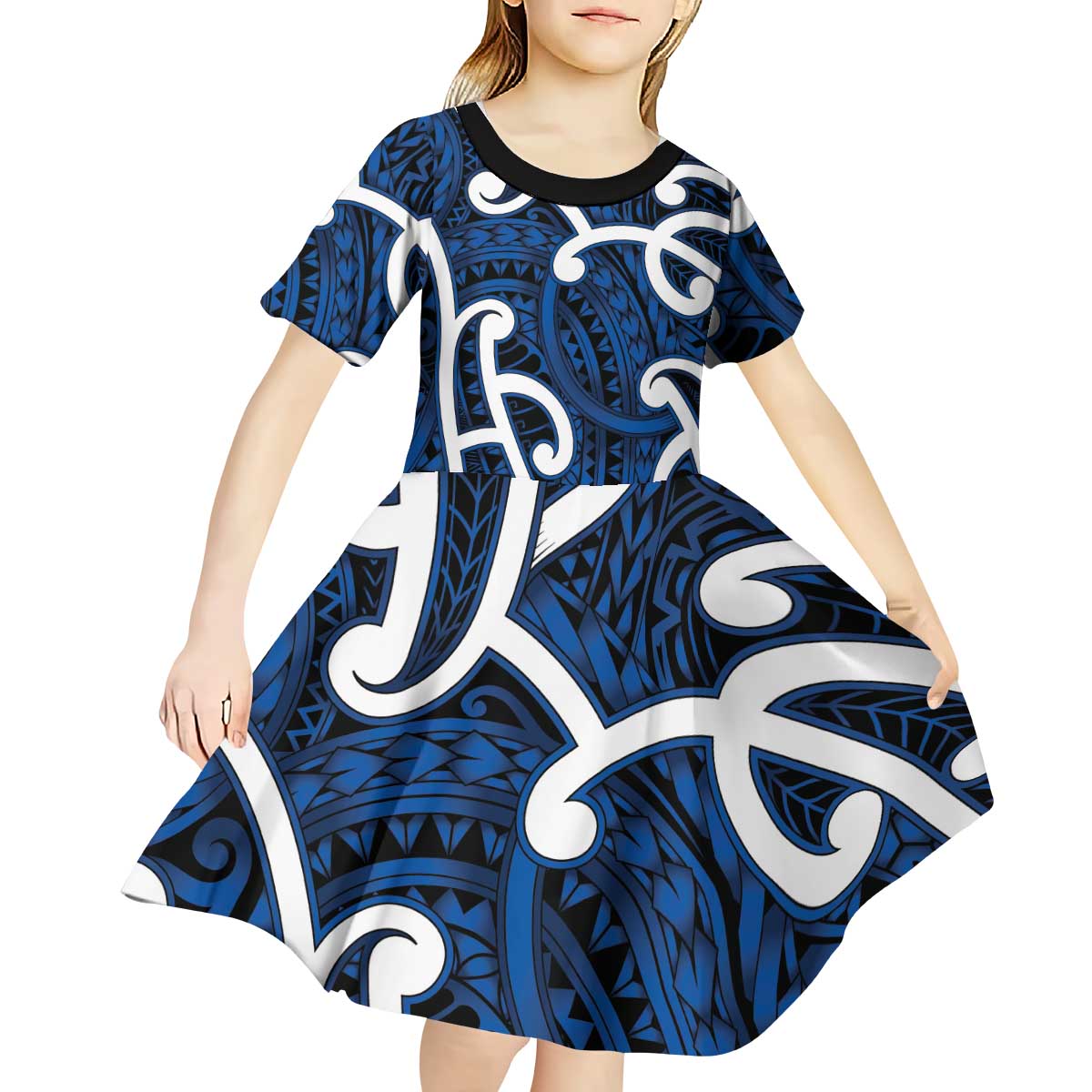 Aotearoa Maori Kowhaiwhai Kid Short Sleeve Dress Kikorangi Puhoro and Patiki LT9 - Polynesian Pride