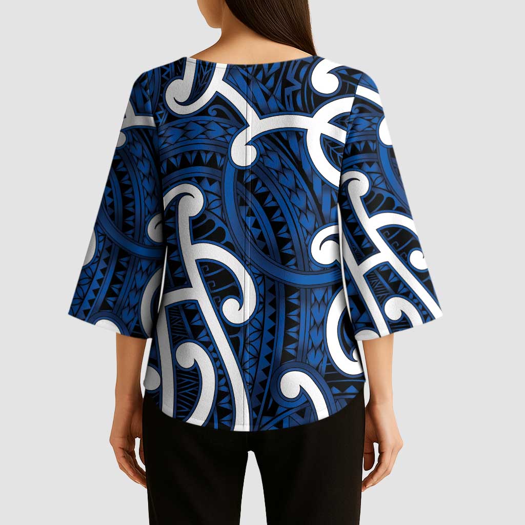 Aotearoa Maori Kowhaiwhai Kimono Sleeve Blouse Kikorangi Puhoro and Patiki