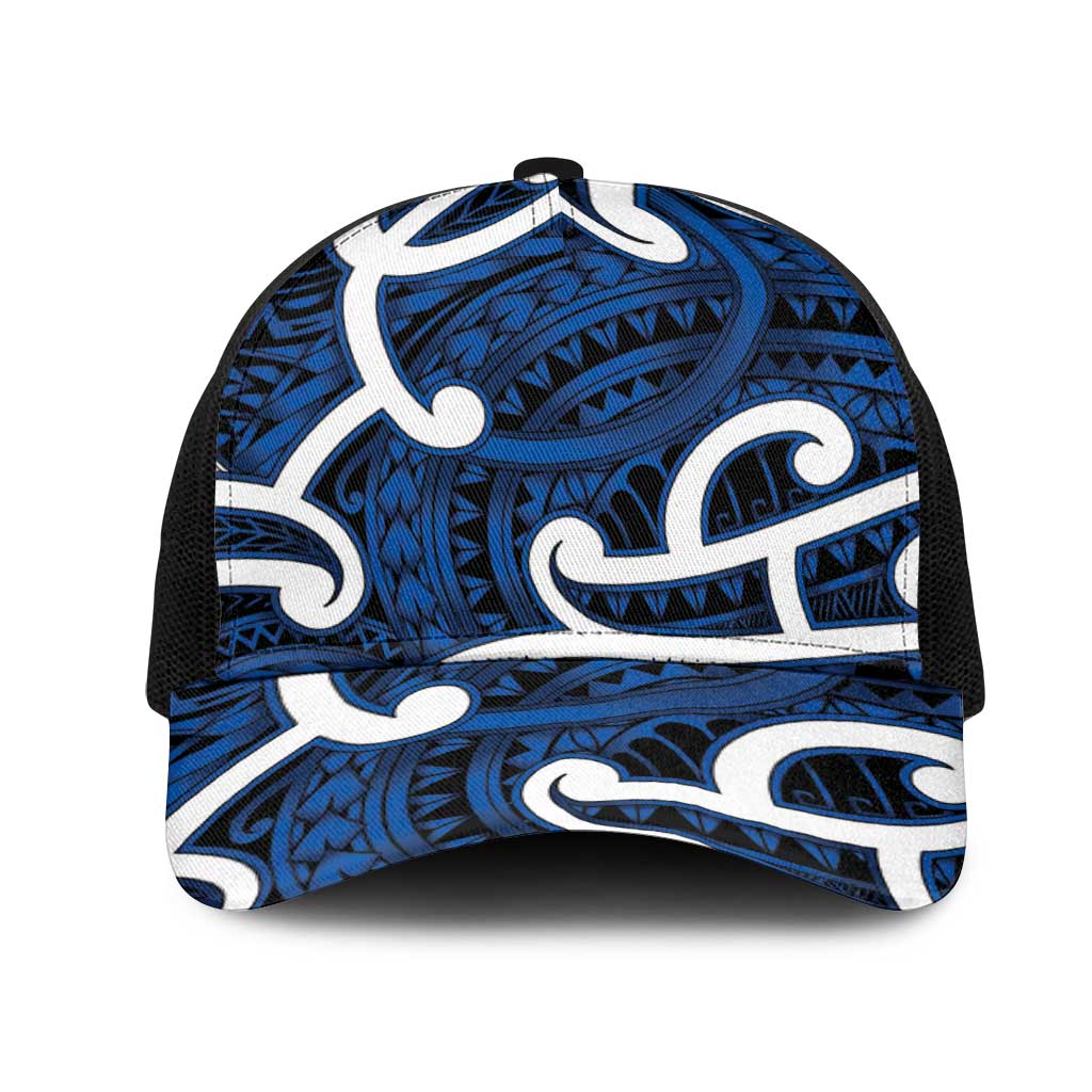 Aotearoa Maori Kowhaiwhai Mesh Trucker Cap Kikorangi Puhoro and Patiki LT9 One Size Black Blue - Polynesian Pride