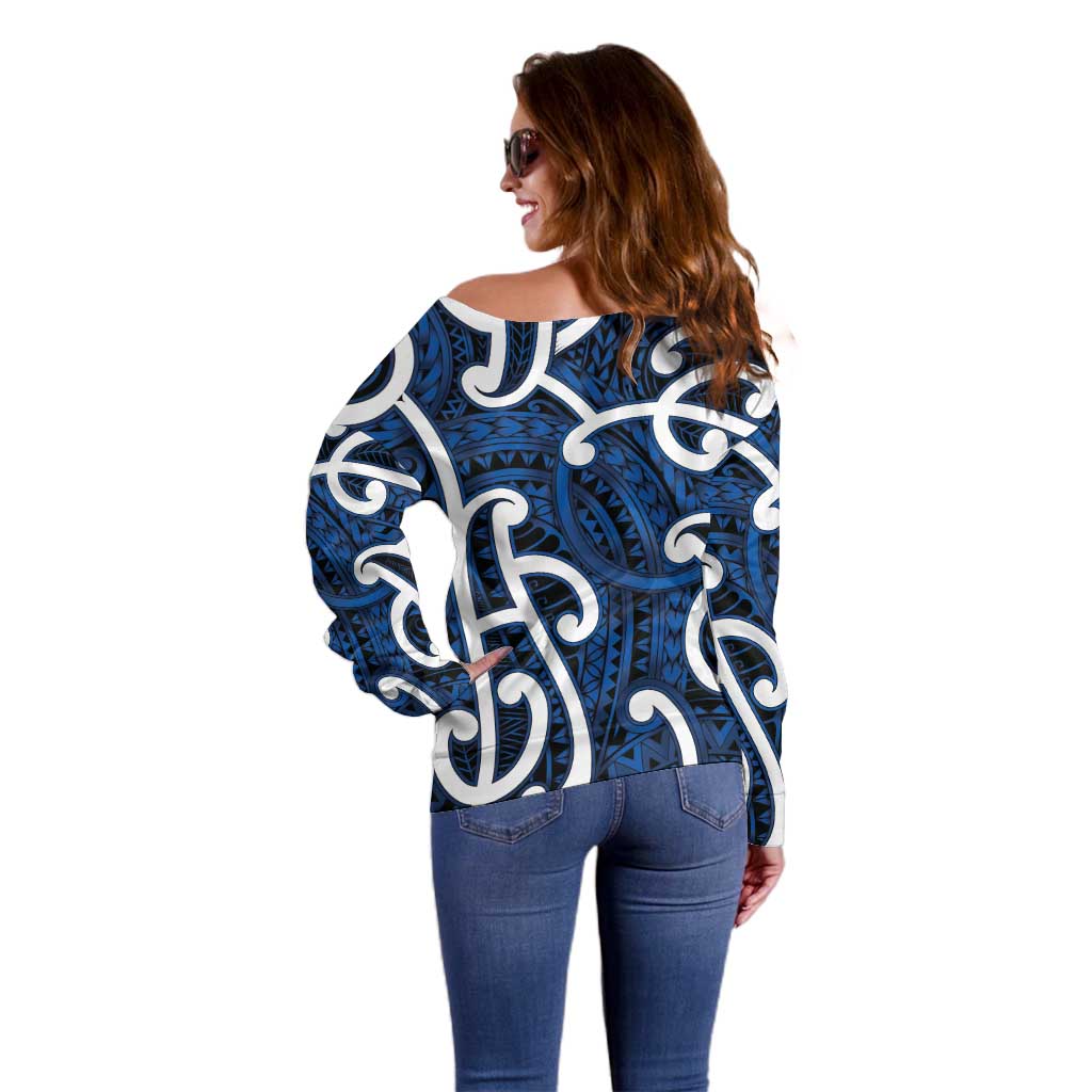 Aotearoa Maori Kowhaiwhai Off Shoulder Sweater Kikorangi Puhoro and Patiki